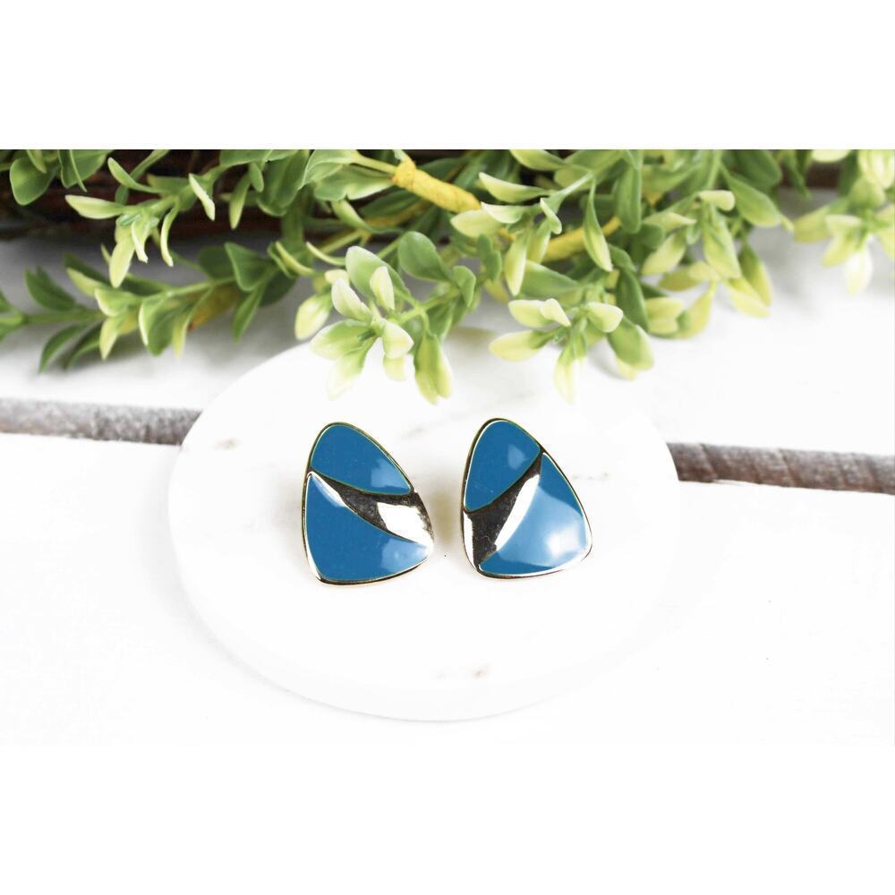 Vintage Teal and Gold Button Earrings Gold Tone Studs Geometric Retro